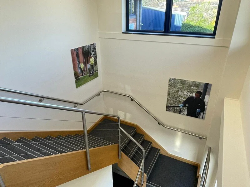 An image of wall graphics along a stairwell.